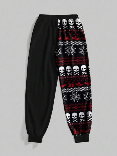 Goth Pantalon de jogging ample pour femmes avec imprimé tout-sur-tout de crâne mignon mystérieux sombre, noir, rouge, flocon de neige, chauve-souris, style de rue