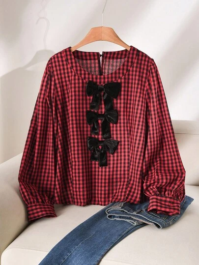 CosyJoli Plus Size Plaid Bow Decor Casual Red Shirt, Autumn Checkered Top Women Blouses Long Sleeve Vintage Tops Women Plaid Tops