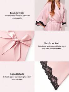 LUVLETTE Women Sexy Silky Satin Luxurious Lace Trim Tie-Front Airy Loungewear Pajama Robe Lingerie& Pyjamadressing - Dusty Pink - View 3
