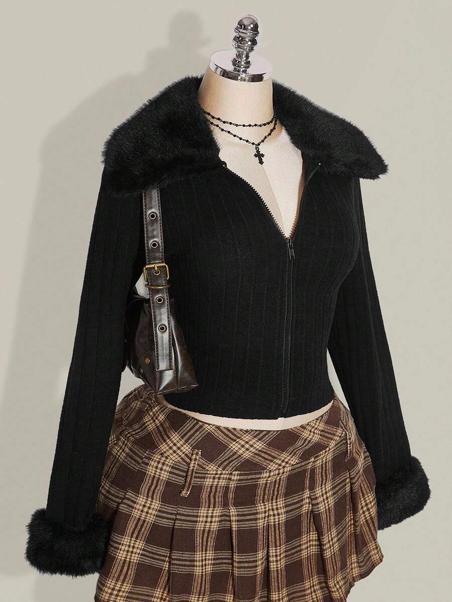 SHEIN ICON 加大码前拉链针织开衫，毛领袖口翻领保暖针织外套，适合秋季穿着，秋冬针织毛衣 - 黑色 - 查看 1