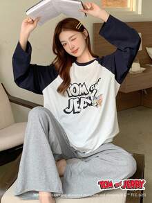 DAZY TOM AND JERRY X DAZY 2pcs Loose Cartoon Print Patchwork Raglan Sleeve Women Pajama Set, Fall Winter Clothes