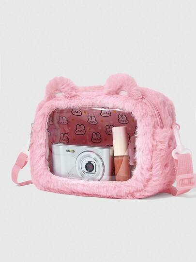 Kawaii Women's Cute Embroidery + Rabbit Print Fashionable Versatile Plush One Shoulder Diagonal Shoulder Bag
