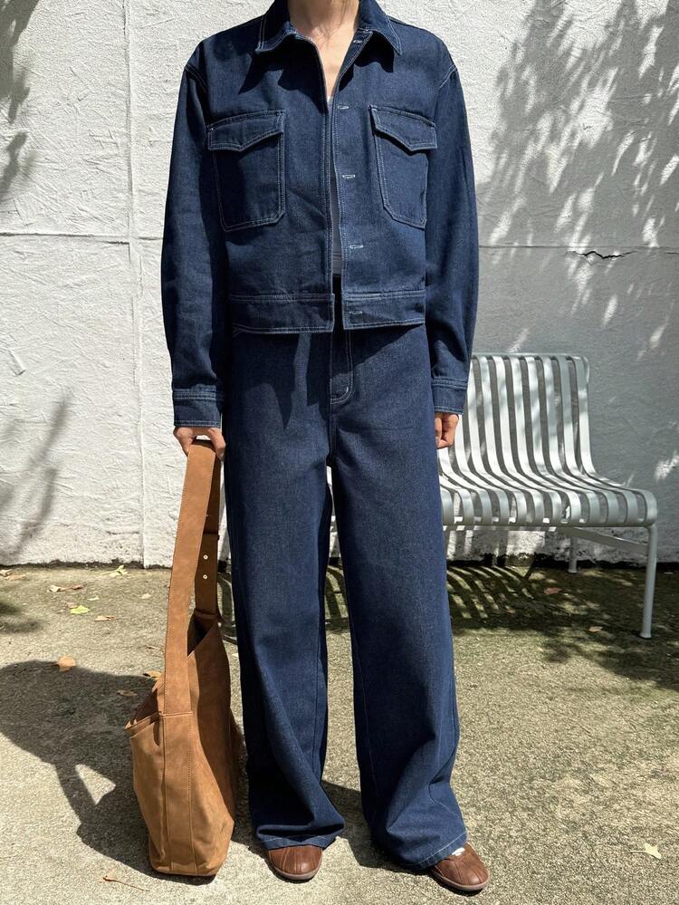 Women's Autumn Long Sleeve Single-Breasted Cargo Pocket Denim Jacket And Jeans Casual Suit