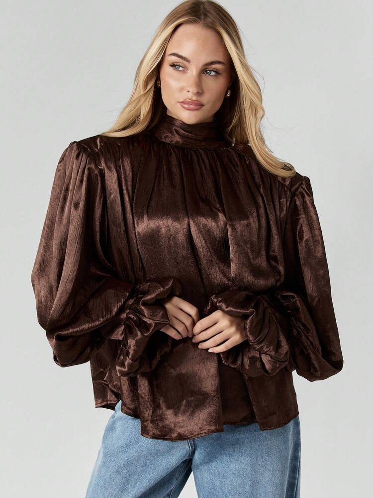 MISSGUIDED Voluminous Chocolate Brown Satin Co-Ord Set With Puff Sleeve Mock Neck Top And Wide Leg Pants For Evening Occasions Autumn Winter Collection