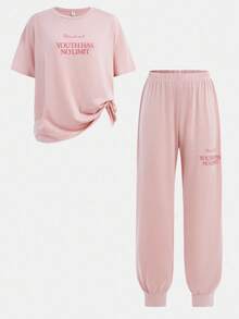 SHEIN 少女简约字母印花圆领短袖针织家居服套装 2 件套 - 淺粉色 - 查看 12