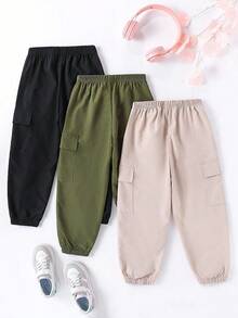 SHEIN Explorewe 年轻女孩纯色弹性腰部工装口袋锥形腿休闲裤 - 彩色 - 查看 2