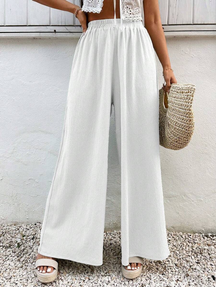 EURMUSE Calça feminina casual solta, cor sólida, cintura elástica, perna larga - Branco - Ver 1