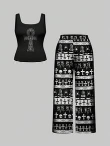 ROMWE Goth Goth Anubis Kopf & Altägyptisches Kreuz Allover Muster Große Größen Ärmellos Top und Hose Loungewear Set