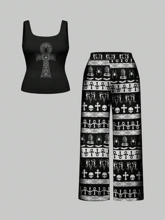 Goth Anubis Head & Ancient Egyptian Cross Allover Print Plus Size Sleeveless Top And Pants Loungewear Set, Christmas