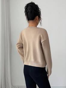 Elenzga 2pcs/Set Knitted Vest + Loose Solid Color Cardigan Sweater For Women - Khaki - View 4