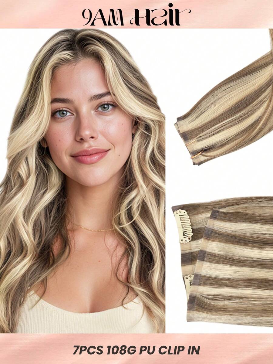 Seamless Clip Ins 7片装无缝PU夹式真人发接发片，100%真人发，14-22英寸渐变挑染金发肤色发片，110克，带夹子 - S8/60 - 查看 1