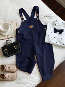 男童休闲舒适百搭可爱熊标志图案背带裤 - 藏蓝色 - 查看 6