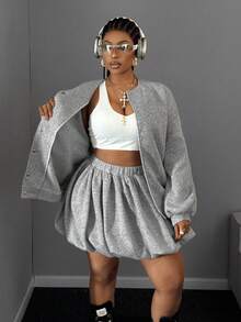 Maweii Bộ 2 món áo khoác trơn màu cỡ lớn và chân váy nhún bèo, thời trang cho mùa thu - Xám - Xem 6