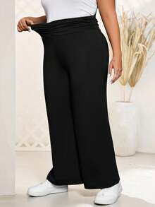 Rosumi 大码女式纯色腰部褶皱阔腿宽松休闲裤