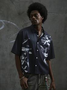 Manfinity ZONE917 Camisa corta y holgada con estampado de ángel de Los Ángeles gótico para hombre - Negro - Ver 10