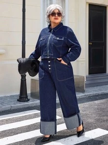 SHEIN Chaqueta de mezclilla azul marino versátil y de moda para mujer de talla grande - Azul lavado oscuro - Ver 7