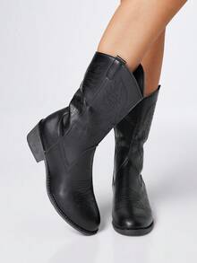 Styleloop Women's Black & Brown Western Boots, Slip-On Embroidered Riding Knee-High Boots, Low Heel Leather Motorcycle Boots, Women's Ankle Boots And Short Boots