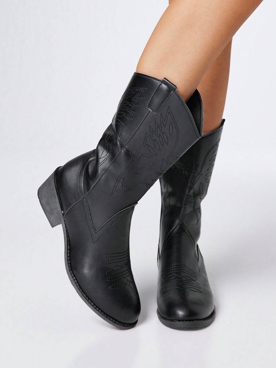 Styleloop Women's Black & Brown Western Boots, Slip-On Embroidered Riding Knee-High Boots, Low Heel Leather Motorcycle Boots, Women's Ankle Boots And Short Boots