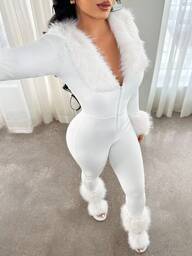 SHEIN SXY Women's Long Sleeve Zip-Up Half Turtleneck Tight-Fitting White Faux Fur Patchwork Jumpsuit, White Club Outfit, White Matching Set,Snow, All White,,Thanksgiving,Fall,Fall Clothes For Women