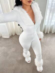 SHEIN SXY Women's Long Sleeve Zip-Up Half Turtleneck Tight-Fitting White Faux Fur Patchwork Jumpsuit, White Club Outfit, White Matching Set,Snow, All White,,Thanksgiving,Fall,Fall Clothes For Women - White - View 1