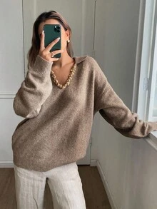 DAZY Women's Loose Fit Long Sleeve Casual Sweater With Lace Collar Decoration, Autumn/Winter - Brown - View 3