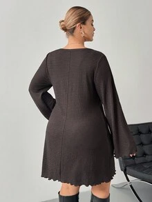 SHEIN PETITE CURVE 大码女式休闲纯色优雅喇叭袖连衣裙 - 棕色 - 查看 2
