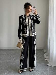 Breezaya 2 件套女士优雅风格花卉印花长袖衬衫和裤子套装 - 彩色 - 查看 4