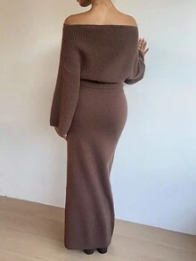 SHEIN Unity 1 Set Sexy Versatile Off-Shoulder Long Sleeve Top And Skirt Knit Suit - Coffee Brown - View 2