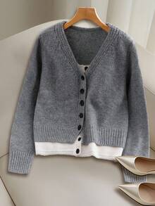 SHEIN Franclia Women's Autumn/Winter Patchwork 2 In 1 Long Sleeve Casual Knit Cardigan - Multicolor - View 1