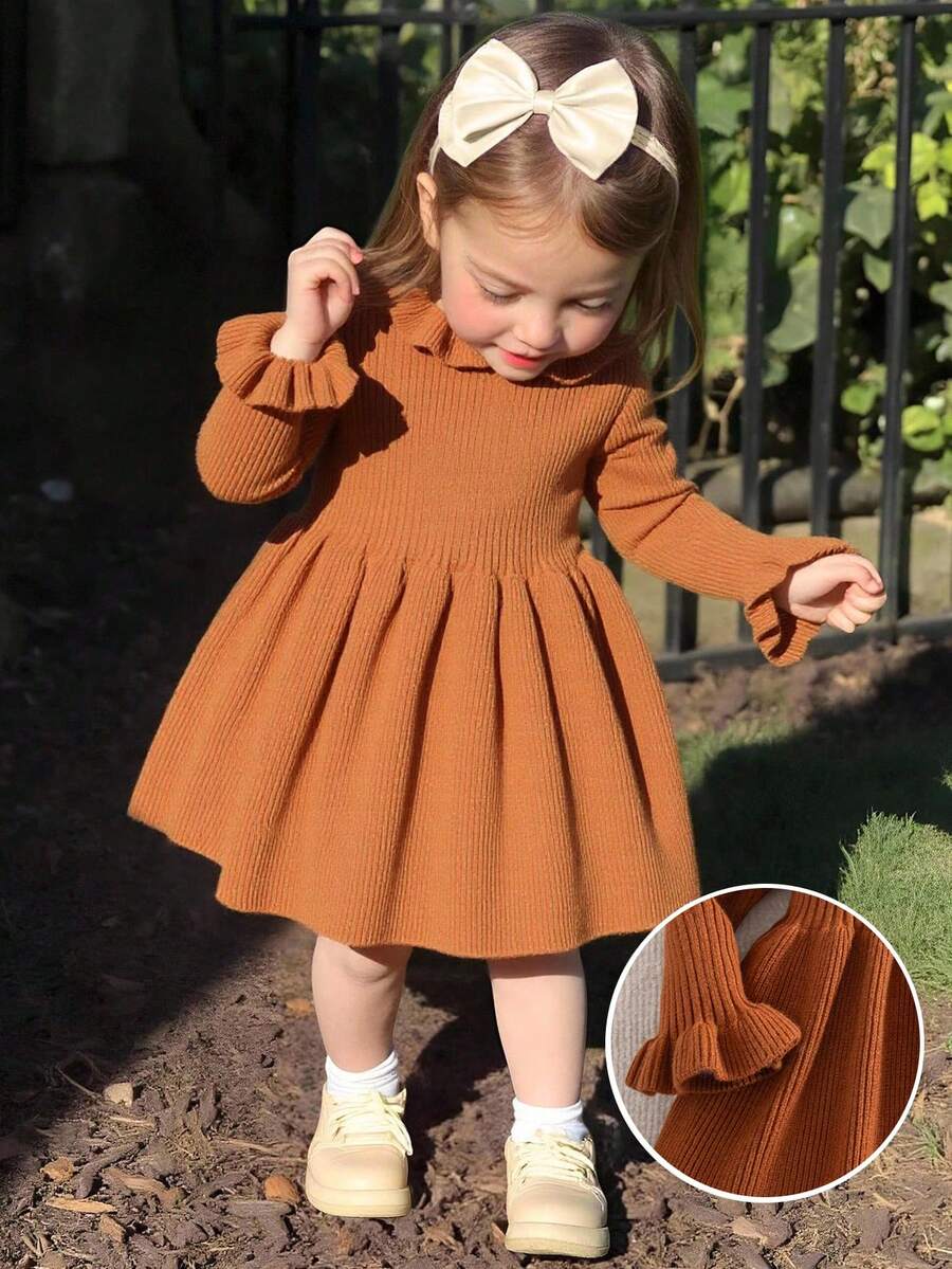 Emery Rose Kids Emery Rose Kids Babygirl 纯色针织长袖连衣裙,秋冬 - 鏽棕色 - 查看 1