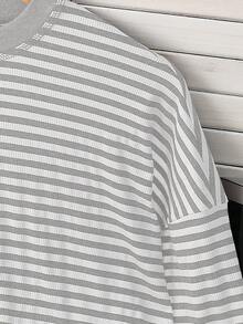 INAWLY 女士休闲条纹圆领落肩长袖T恤，简约时尚 - 淺灰色 - 查看 4