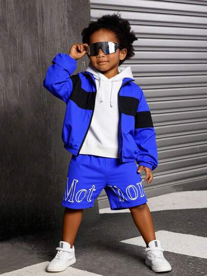 2pcs Kids Boy Casual Korean Style Letter Print Stand Collar Patchwork Contrast Color Zip-Up Jacket And Loose Solid Color Woven Shorts Set