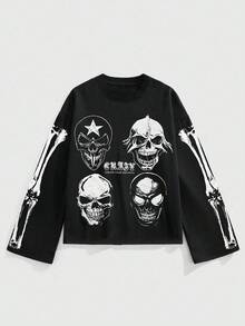 ROMWE MEN Goth Kaos Lengan Panjang Pria Motif Tengkorak Halloween, Musim Gugur - Hitam - View 1