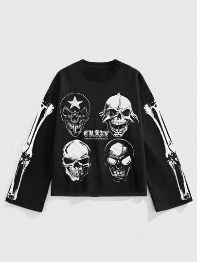 Street Life Camiseta de manga larga con estampado de calavera para hombre, otoño