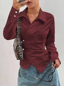 SHEIN MOOSTA 女士时尚休闲交叉领带收腰长袖衬衫 - 酒紅色 - 查看 5