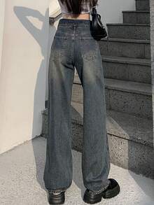 DAZY 女性高腰摺邊水洗牛仔褲 - 深色水洗藍 - 查看 5