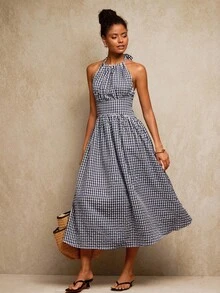 Travachic 女士度假梭织格子中长连衣裙 - 藍白色 - 查看 6