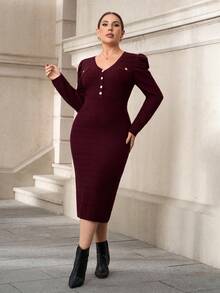 Chikora Plus Size Women Burgundy V-Neck Puff Sleeve Fitted Knit Midi Dress,Autumn Curve Elegant Cocktail Bodycon Ribbed Long Sleeve Work Office Wear Outfits - Burgundy - View 4