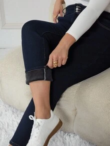 SHEIN CURVE+ 大码休闲水洗保暖内衬紧身牛仔裤 - 藍色 - 查看 10