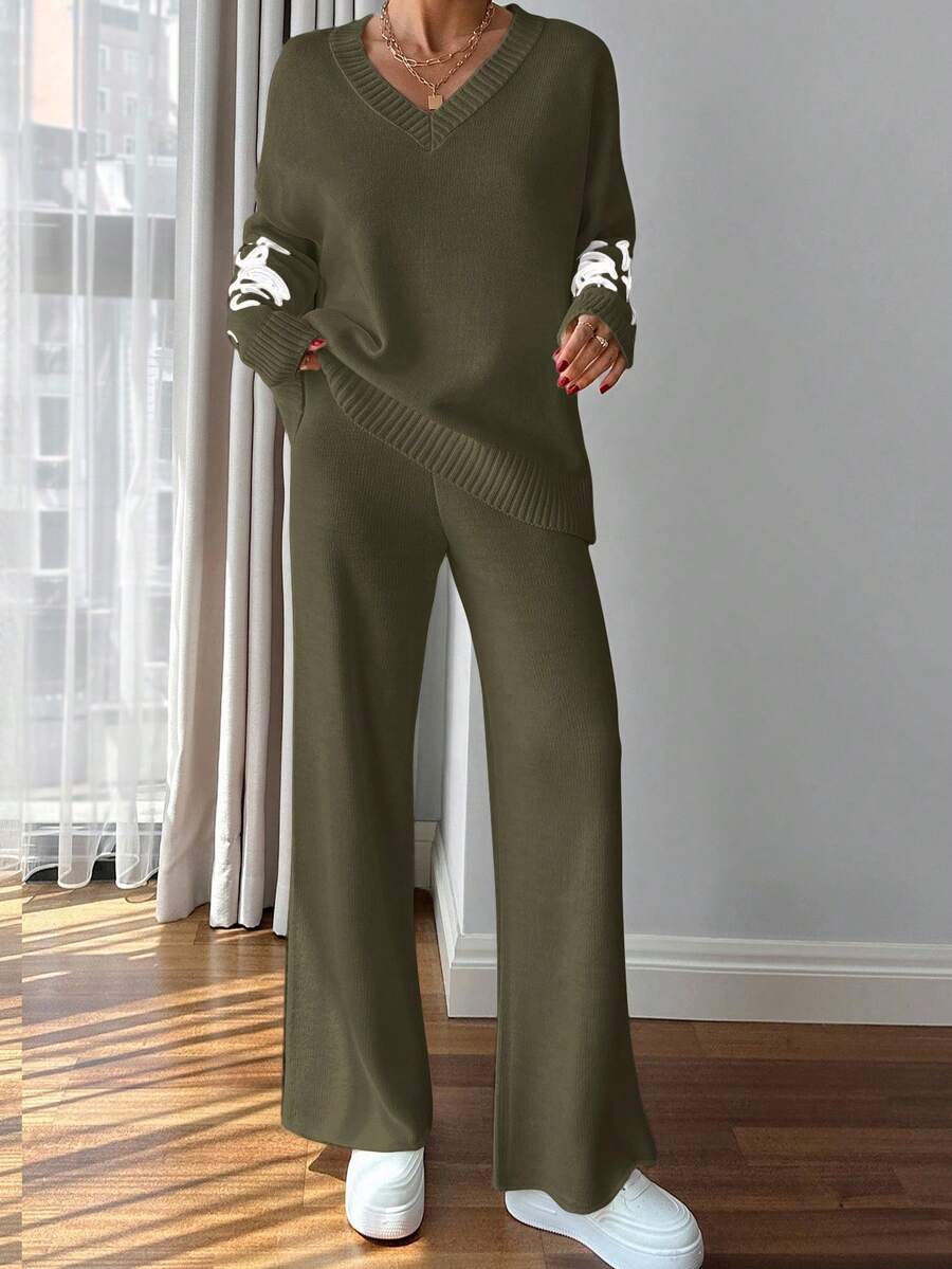 EURMUSE Women Pink Embroidery Detailed Sweater Set - Army Green - View 1