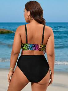 SHEIN Swim Curve 加大码 2 件套纯色可调节肩带设计搭配高腰拼接泳装，优雅女士海滩度假泳装 - 黑色 - 查看 2