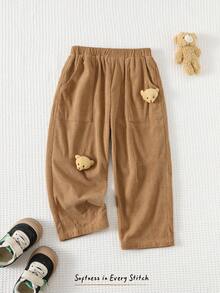 Cozy Pixies Pantalones casuales con cintura elástica y estampado de oso de dibujos animados para niño pequeño - Marrón - Ver 1