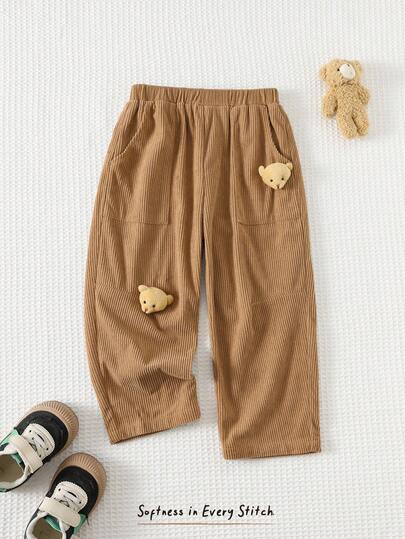 Cozy Pixies Pantalones casuales con cintura elástica y estampado de oso de dibujos animados para niño pequeño