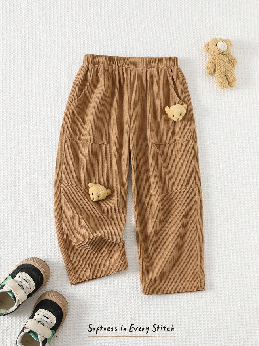 Cozy Pixies Pantalones casuales con cintura elástica y estampado de oso de dibujos animados para niño pequeño - Marrón - Ver 1