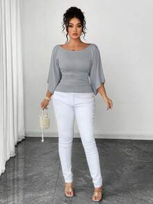 SHEIN Elenzya Áo thun cổ tròn tay chuông dệt kim co giãn cao cỡ lớn màu trơn thanh lịch dành cho nữ - Xám - Xem 4