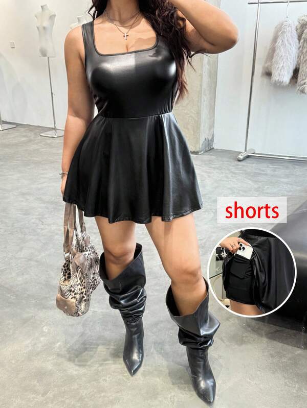 SHEIN EZwear 大码女式无袖纯色口袋连体裤连衣裙，万圣节休闲装