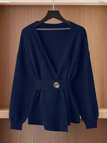 GlowEve Damen einfarbiger Kreuz-Wickel V-Ausschnitt modischer Langarm Cardigan - marineblau - Übersicht 7