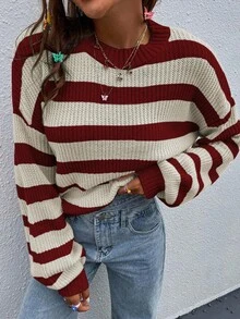 EMERY ROSE 休闲宽松条纹圆领长袖女套头毛衣秋季毛衣红白条纹毛衣冬季毛衣条纹毛衣女条纹毛衣 - 彩色 - 查看 5