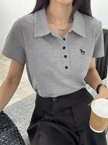 DAZY Damen einfaches Mode Lässig Kurzarm T-Shirt, für den täglichen Gebrauch, Kleidung für den Schulanfang - Hellgrau - Übersicht 3