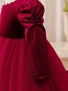 Glamorique Kids 女童红色长袖连衣裙，薄纱荷叶边裙摆，珍珠手工刺绣婚礼宾客礼服，宝宝生日派对礼服，女婴高端连衣裙 - 酒紅色 - 查看 7